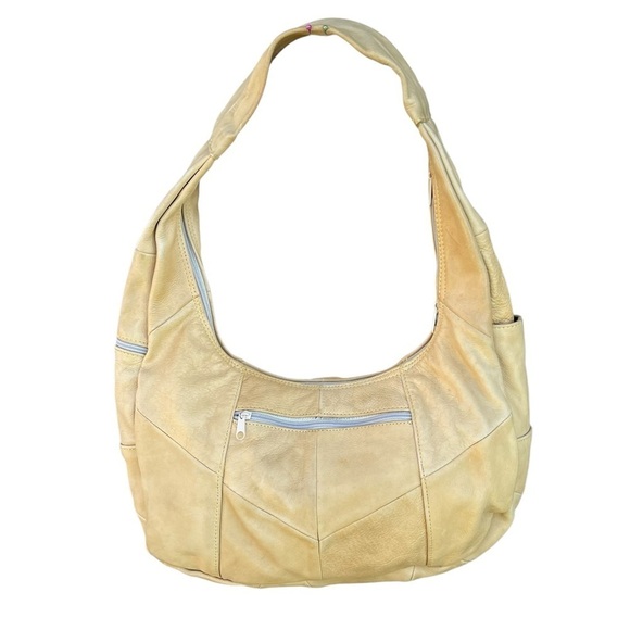 VTG Leather Patchwork Hobo Shoulder Bag Banana Multi-Compartmental Mexico GUC - Picture 1 of 16